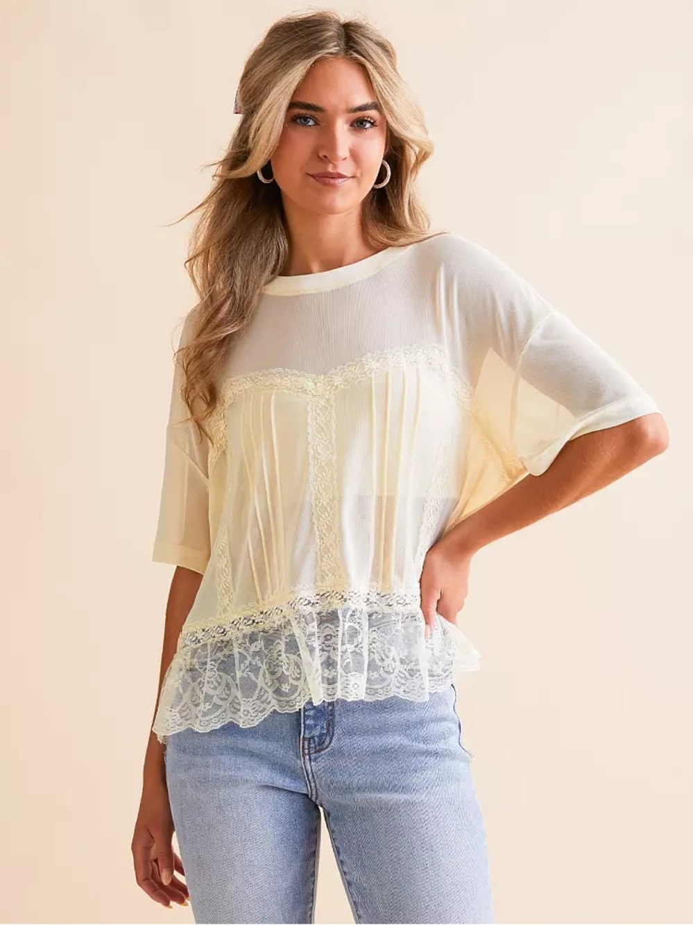 Willow & Root Sheer Lace Trim Women’s Top in Cream SZ M